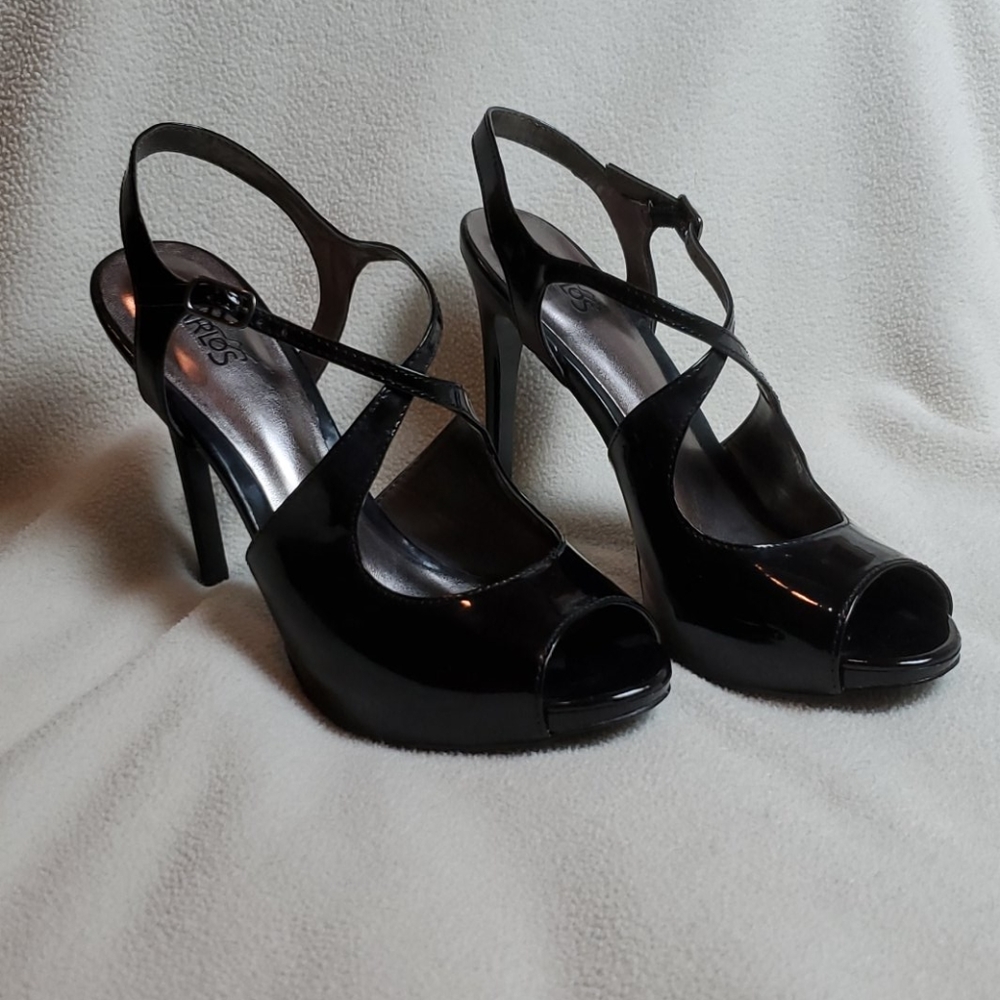 Carlos Black High Heels Open Toe Shoes Sz 8.5 M